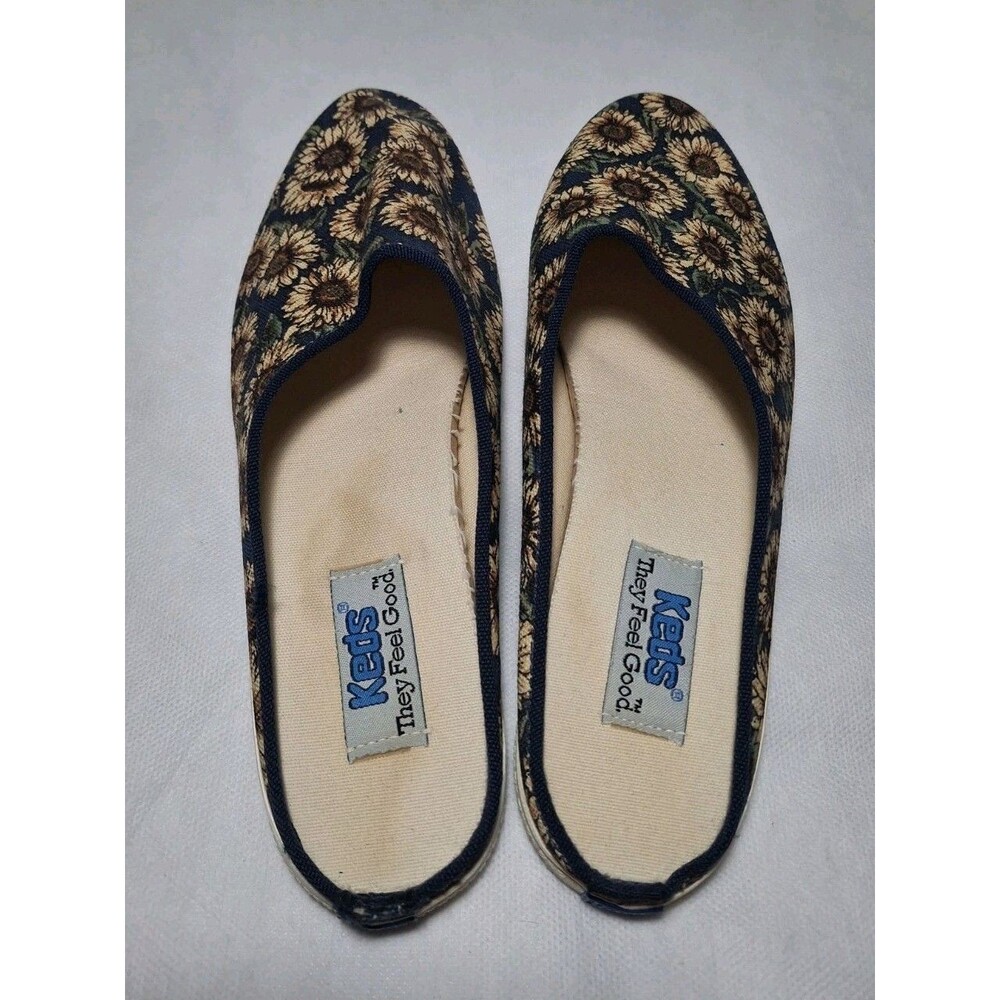 Vintage Keds Bayshore Sunflower Canvas Slip on Sandals Mules Women's 7.5 Navy Bl - Picture 8 of 9